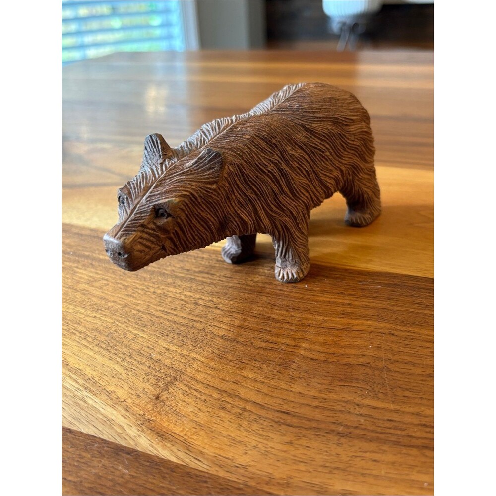 Brown Hand Wood Carved Grizzly Bear Statue 7”